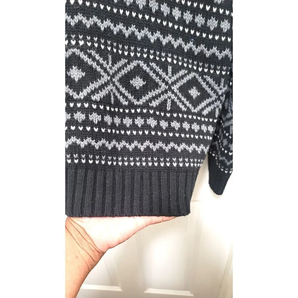 Banana Republic Sweater Mens Large Black Gray Fair Isle Wool Blend Knit Crewneck